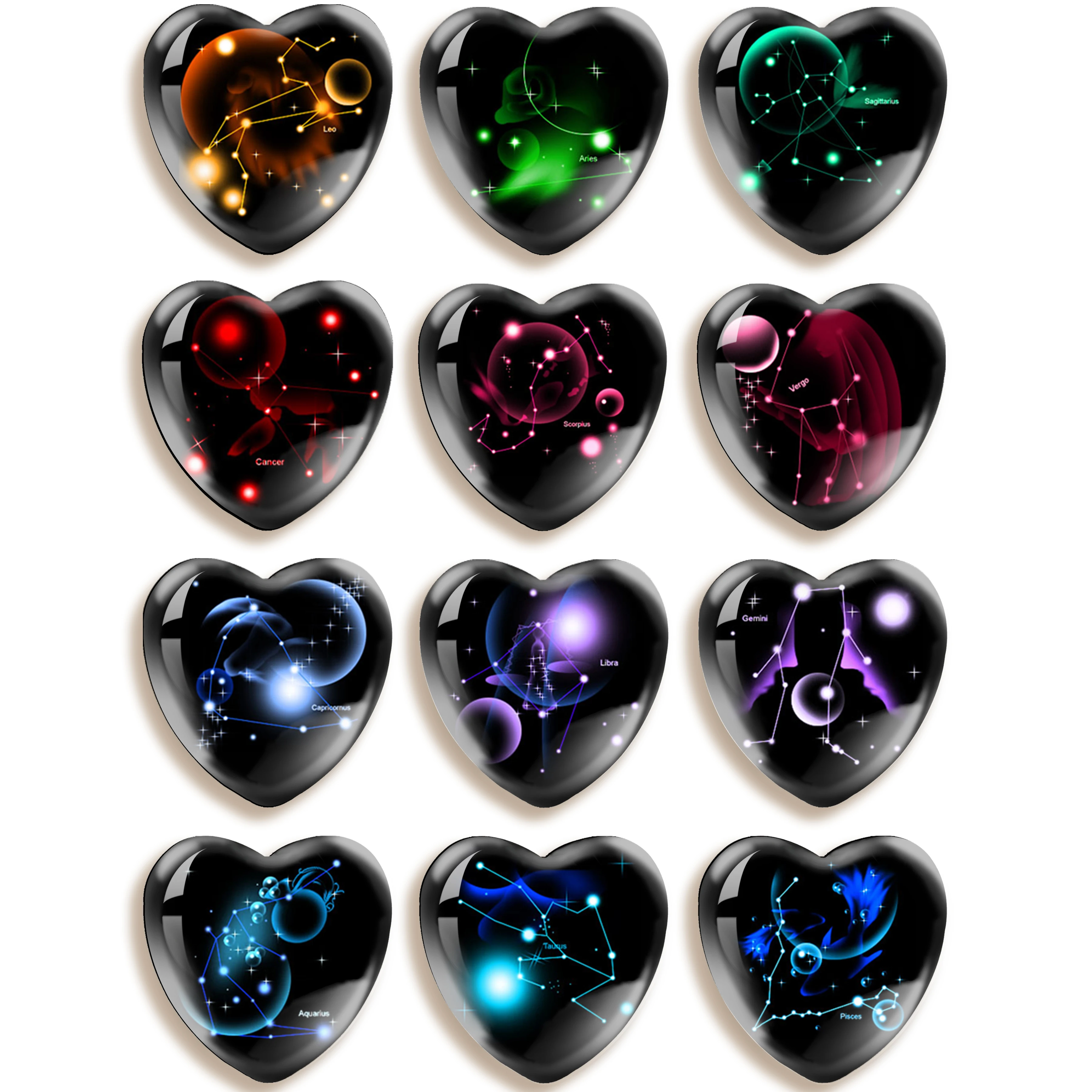 12Pcs Constellation Collection 16mm-30mm Heart Photo Glass Cabochon Demo Flat Back Making Wholesale 12pcs/set