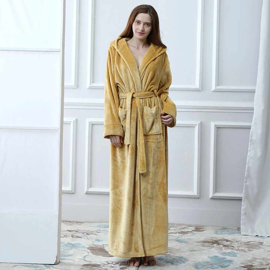 Winter Extra Long Warm Thick Hooded Bathrobe Women/Men Unisex Dressing Gown Female Sexy Long Sleeve Ankle Bath Robe