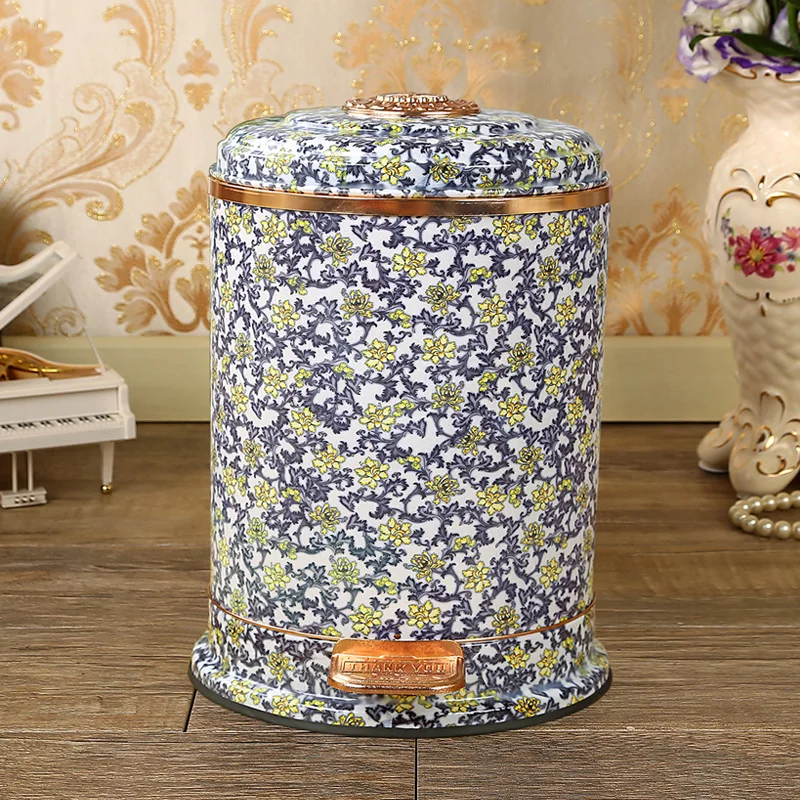 

Blue and white porcelain European style trash can household living room luxury high-grade stainless steel pedal with lid