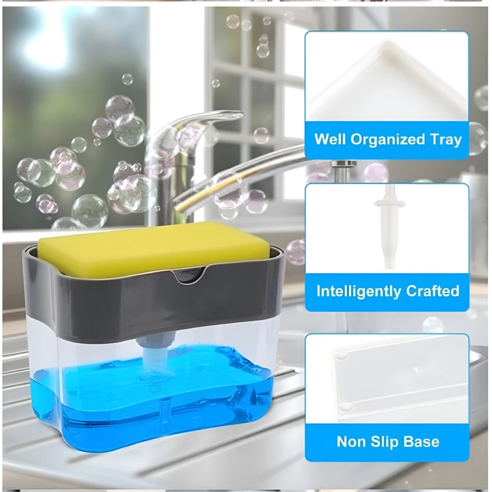 Portable Detergent Dispenser Set for Kitchen Dish Soap Box with Sponge Holder Hand Press Liquid Dispensing Kitchen Tools