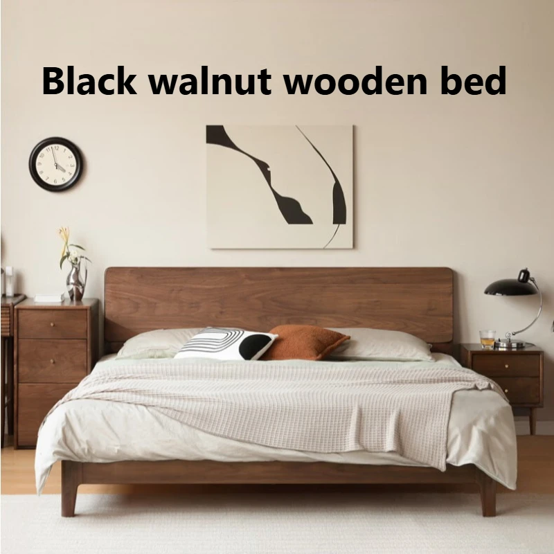 

Black Walnut Double Bed With Headboard Nordic Design Bed 2 People Soft Backrest King Size Frame Home Bedroom Furniture Sets