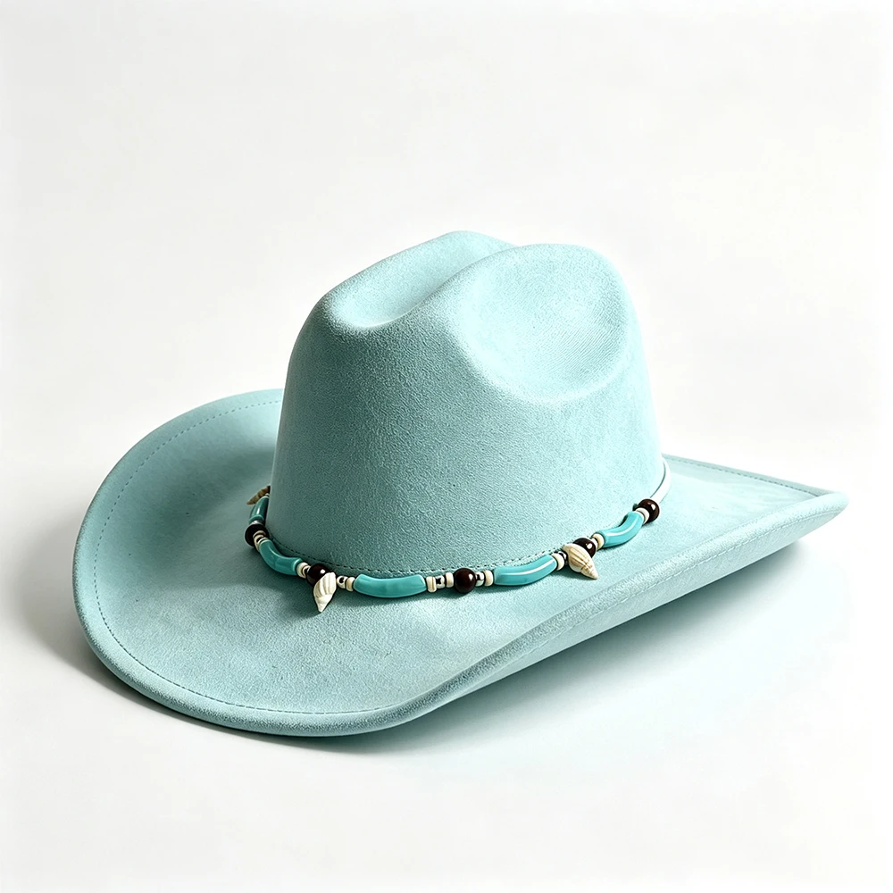 Pastel Blue Bohemian Cowgirl Hat Soft Suede Turquoise Tube Bead & Tiny Shell Decor Strap Wide Brim Windproof Chin Cord Outdoor H