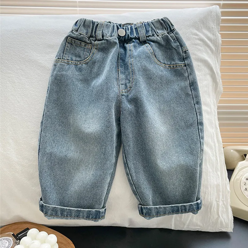 Toddler Boys Denim Pants 2023 Autumn Cotton Elastic Waist Children's Trousers Korean Kids Clothing Loose Jeans For 3-12Years