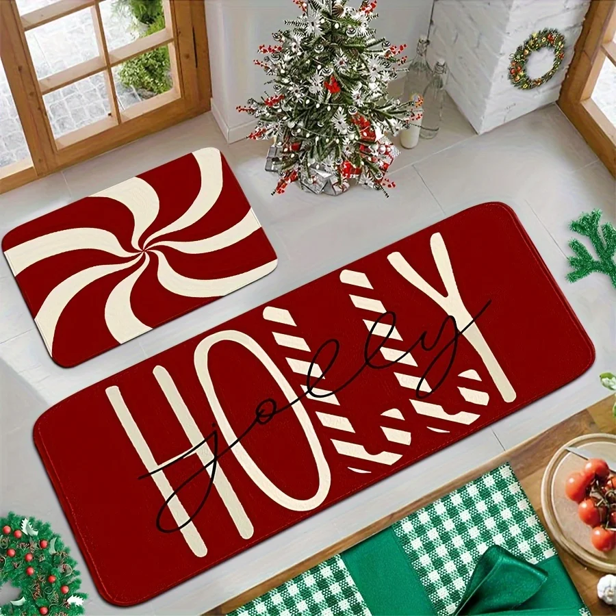 VIKAMA 2 Pack Christmas Kitchen Floor Mats Non Slip Washable Xmas Candy Stripe Letter Print Runner Rug for Family Xmas Holiday