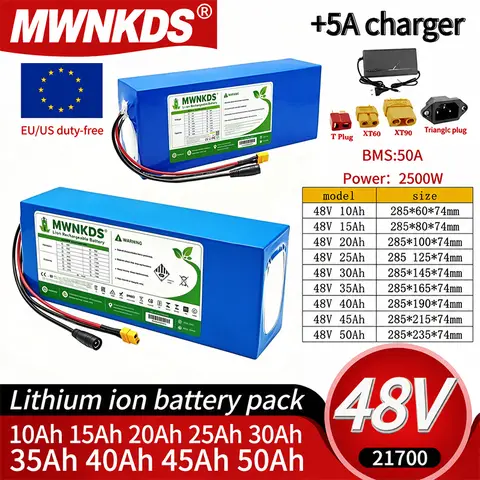 48V 50Ah 45Ah 20Ah 25Ah 30Ah 35Ah 40Ah 15Ah 10Ah 21700 Lithium Battery Pack 2500W High Power BMS EU/US Duty-Free +5A Charger