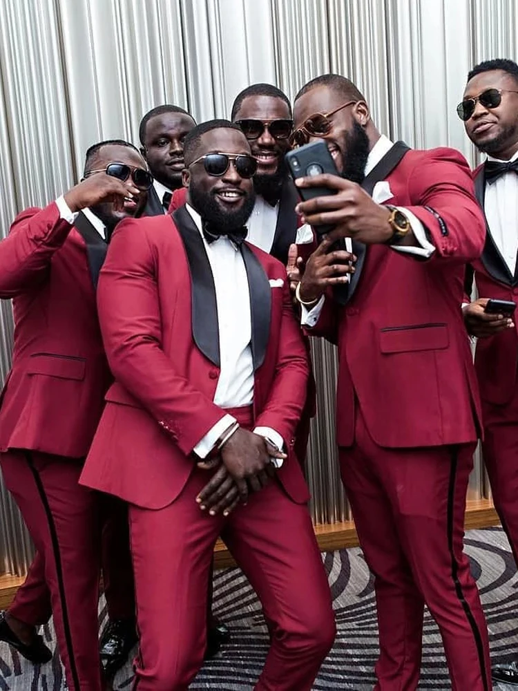 

Burgundy Wedding Tuxedo for Groomsmen Dinner Party Black Shawl Lapel Slim Fit Men Suits African Male Fashion Jacket with Pants