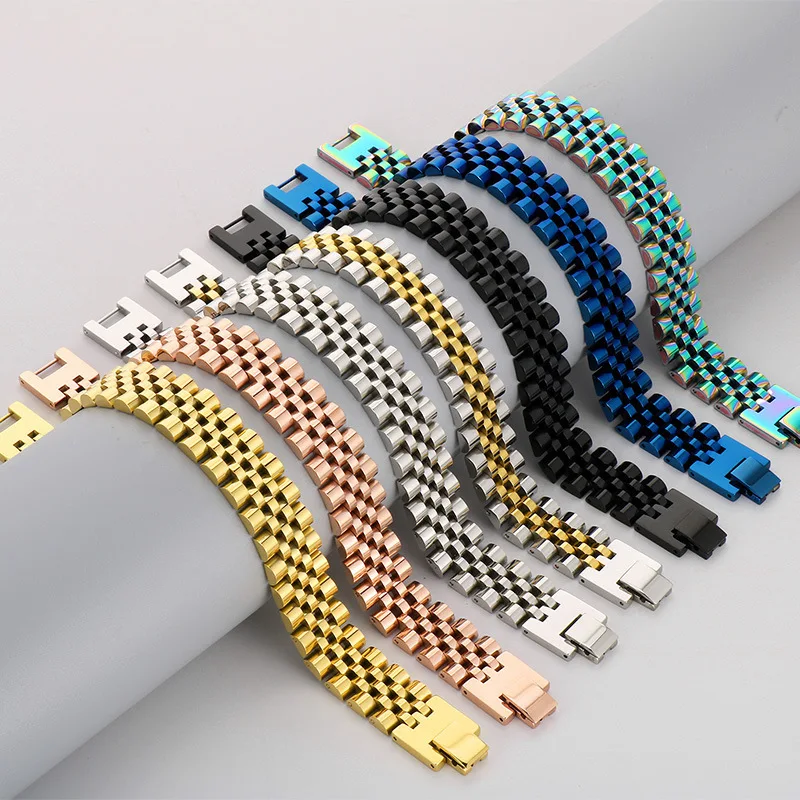 15MM Punk Rose Gold Color Biker Strap Watch Chain Bracelet Men Women Hiphop Black Stainless Steel Bike Watchband Bangle Jewelry