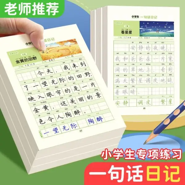 Elementary school students practice writing in a one sentence diary, write essays, and write sentences based on pictures