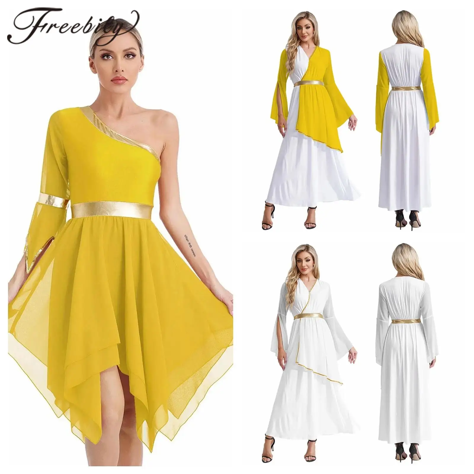 Womens Liturgical Dance Worship Costume Lyrical Praise Dance Dress One Shoulder Choir Dancewear Flare Sleeve Church Dresses