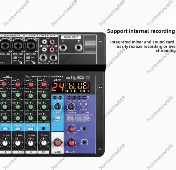 8 Channel Digital Audio Mixer with Sound Card, Microphone Input for Live Streaming & Recording, 12V DJ Equipment