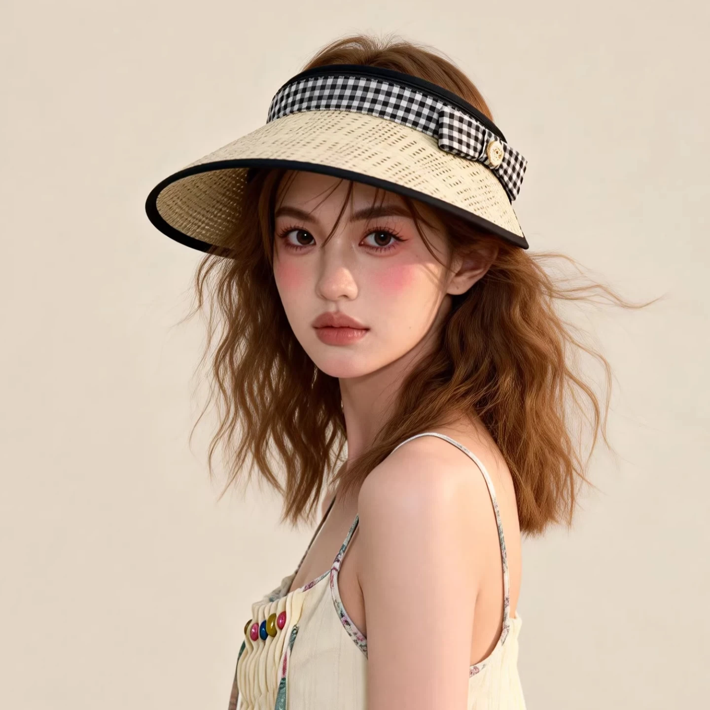 Plaid bow empty top straw hat for women, new summer sun protection hat, large brim vacation straw hat
