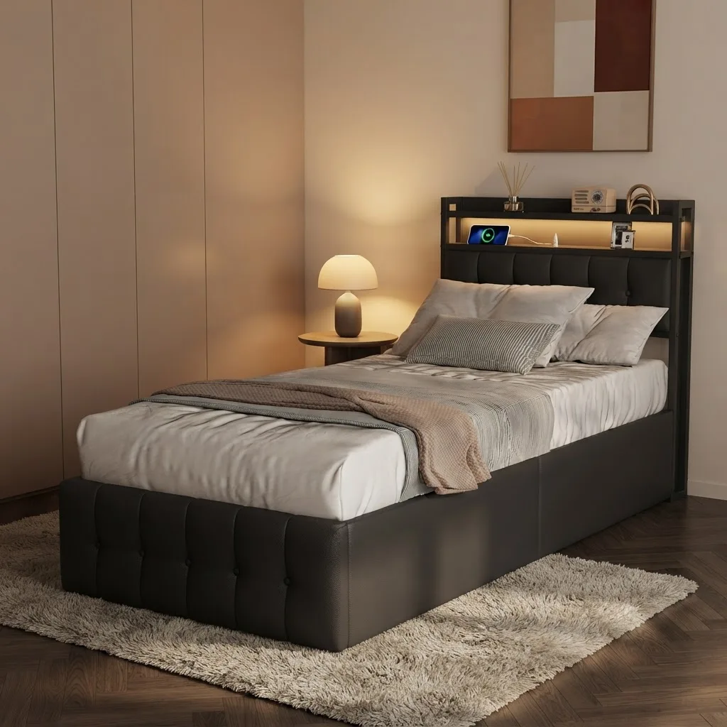Comanlai, letto singolo 90×200 cm, letto con meccanismo idraulico, letto per ragazzi, letto imbottito, testiera con vano contenitore, per camera da letto, rivestimento in PU, colore nero, materasso