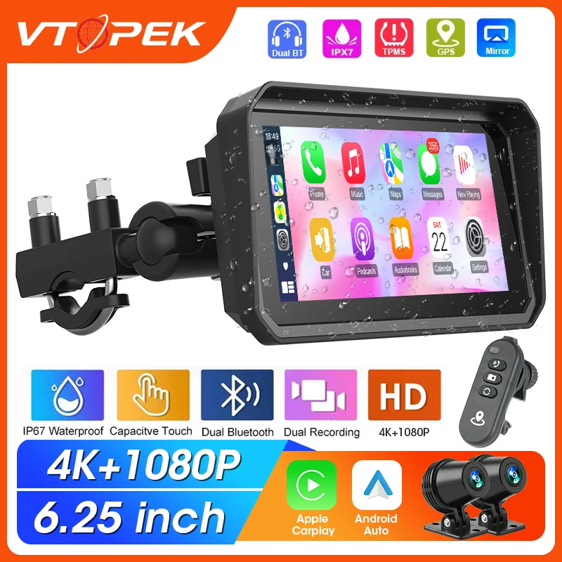 

6.25 inch Protable Motorcycle DVR 4K+1080P Dash Cam Dual Lens Wireless CarPlay Android Auto Navigation GPS Waterproof BT5 Player