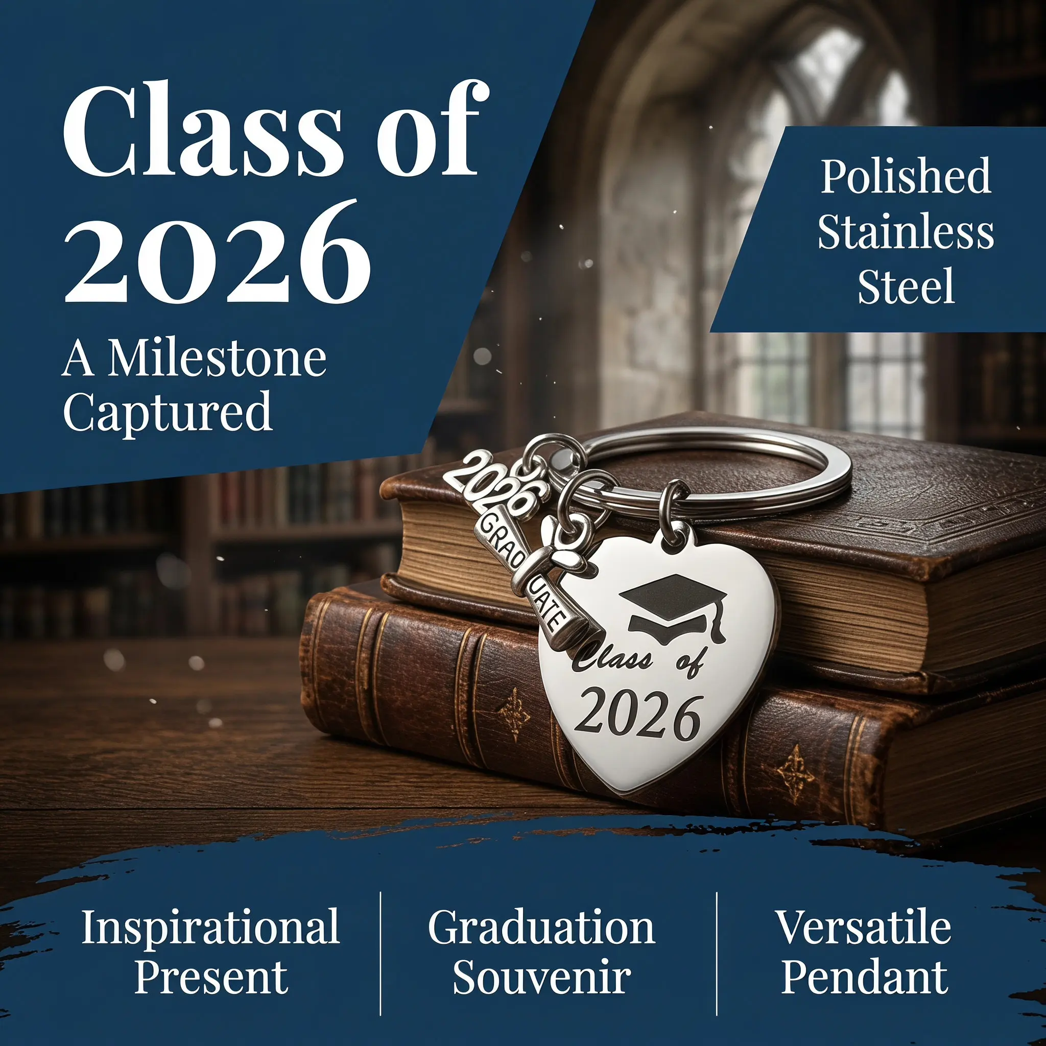 Graduation Keychain Class of 2026 Stainless Steel Inspirational Heart Pendant Graduation Keepsake for Seniors Grad Gift