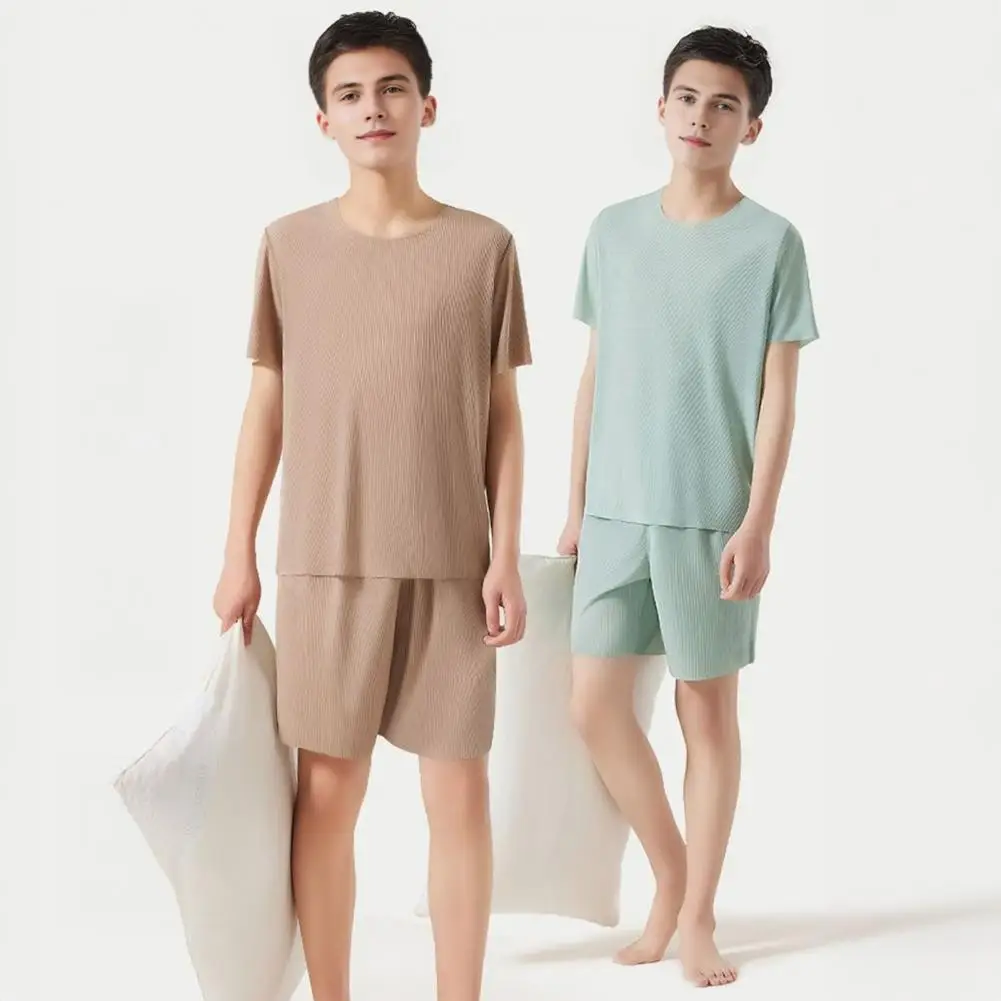 

All-day Comfort Loungewear Men's Pajamas Set 2pcs Ice Silk Breathable Loungewear Short Sleeve Round Neck Tops with Elastic Waist