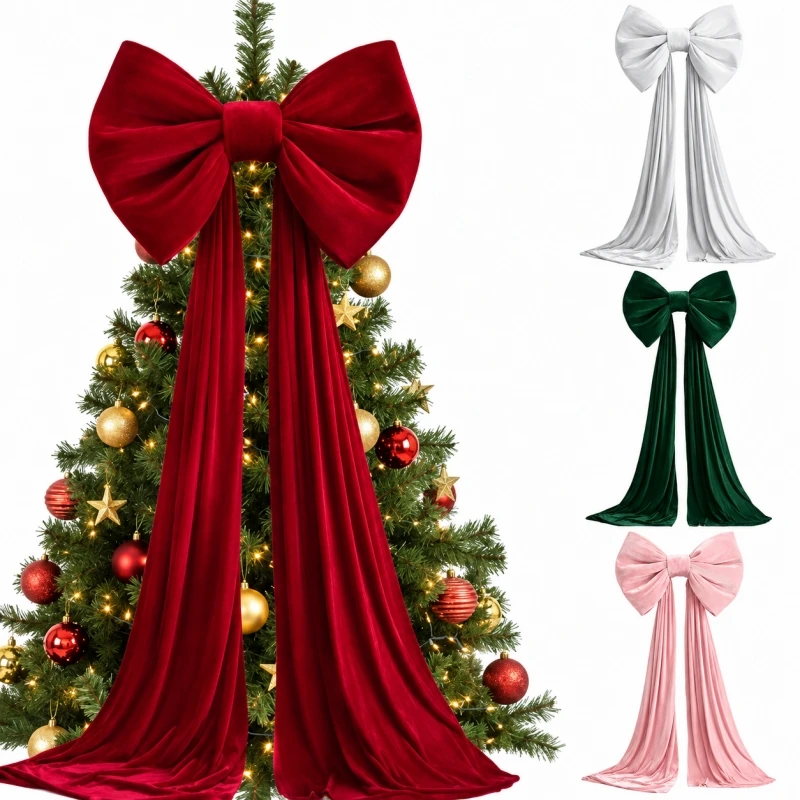 Christmas Tree Bow Topper Red Velvet Ribbon Christmas Decoration Holiday Xmas Ornament for Home Fireplace Mantel Party Decor
