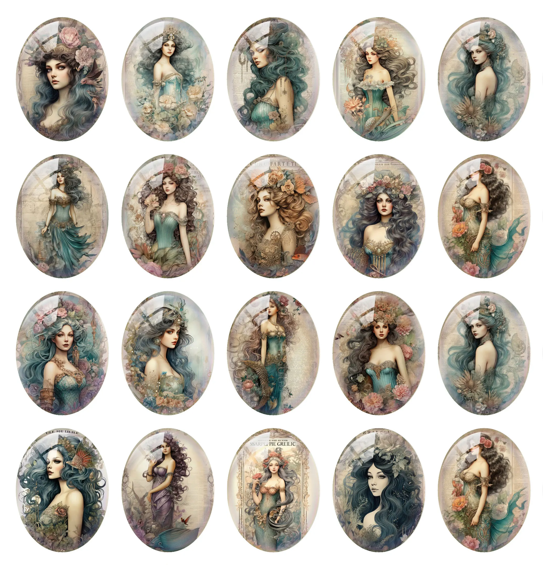 10pcs/lot Secret Mermaid Girl Flower Fairy Oval Photo Glass Cabochon Flatback Demo Cameo For Diy Jewelry Making