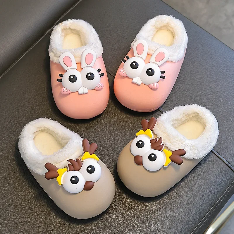 Winter Plush Slippers for Girls Cute Cartoon Cotton Shoes Waterproof Upper Non-slip Warm Home Slippers for Indoor