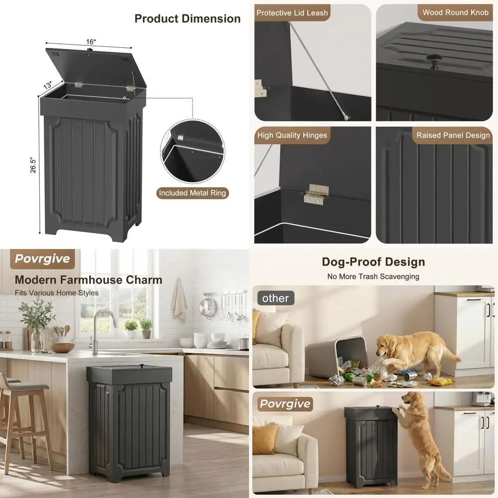 

13 Gallon Black Kitchen Trash Can Cabinet with Lid and Metal Ring, 16L x 13W x 26.5H