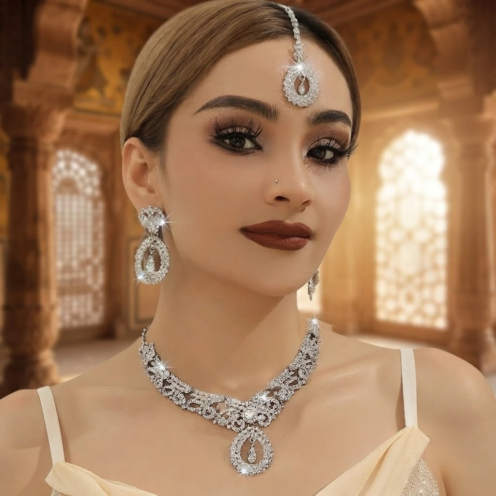 Luxury Crystal Maang Tikka and Necklace Set Bridal Ethnic Jewelry Elegant Forehead Piece for Special Events Classic Design