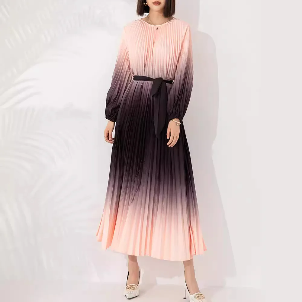 Miyake Pleated High-end French Elegant Dress for Women 2024 New Fashion Temperament Gradient Color Waist Tie Pleated Long Skirt