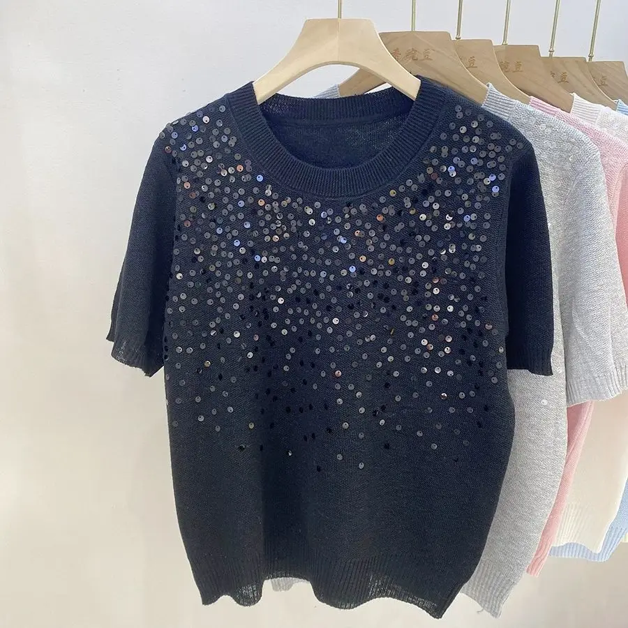 Sweet Trends Sequin Knitted Pullover Women Short-Sleeve T-Shirt Lightweight Sweater Design Top Y2k Jumper Outfit Korean Tees