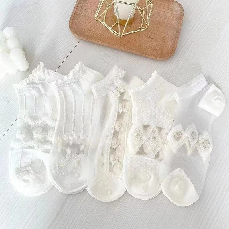

5 Pairs Women White Short Socks Trendy Versatile Breathable Transparent Socks Soft Comfortable Low Tube Thin Bubble Short Socks
