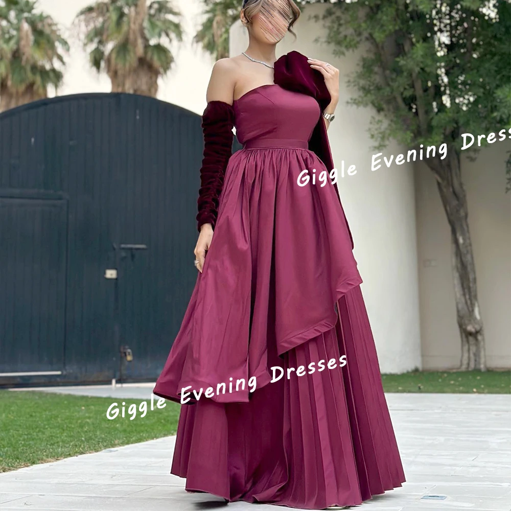 Giggle Satin Strapless Bow A-Line Elegance Prom Gown Saudi Arab Summer Ruched Floor-Length Evening Party Dresses for Women 2024