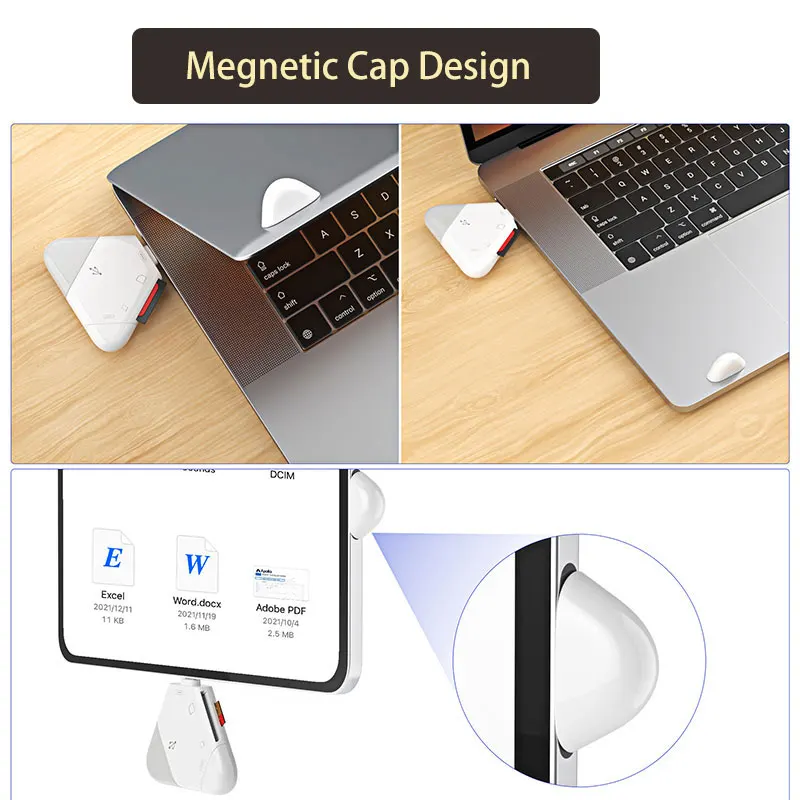 Lector de tarjetas de memoria 3 en 1 con tapa magnética triangular, USB-C, puerto USB Lightning, compatible con TF/SD, para PC, portátil, MacBook, teléfono inteligente