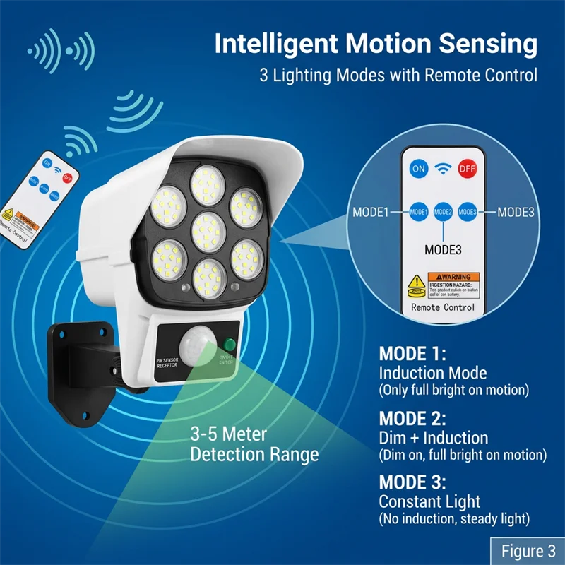 Solar Powered Dummy Security Camera with Motion Sensor LED Flood Light Outdoor Waterproof Wall Lamp for Home Yard Driveway - view 3