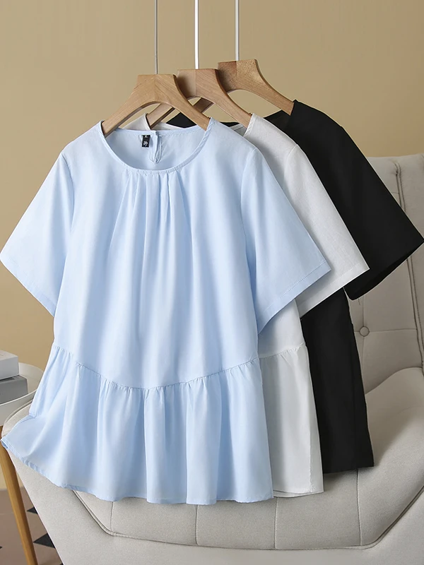

plus Size Women's Summer Shirt Short Sleeve Loose round Neck Color Conceal Meat Casual Fashion Korean Style Cotton Blend