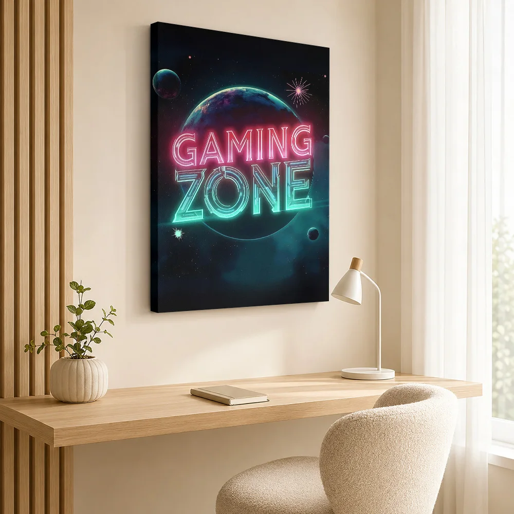 Gaming Zone Neon Sign Framed Canvas Print Posters Cyberpunk Style Wall Art With Personalized Photo For Media Room Ideal Fan Gift