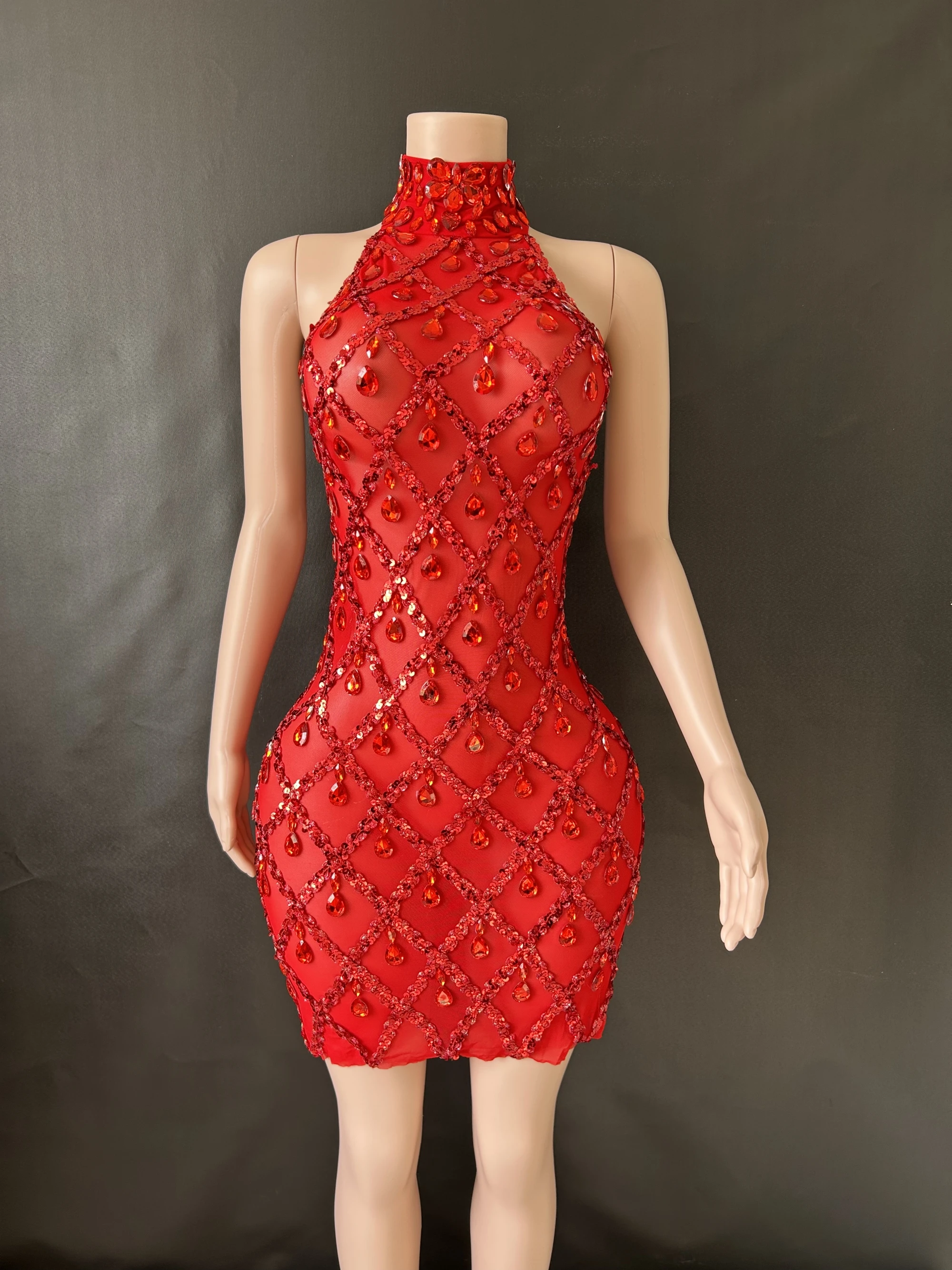 Women Sexy Stage Shining Rhinestone Sequins Dress Evening Prom Birthday Dress Transparent Performance Singer Club Host Dress 7G
