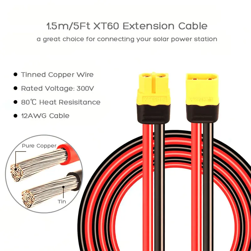 XT60 Male to XT60 Female Extension Cable Suit for Portable Power Station ALLPOWERS R600 R1500 S2000 Pro Ecoflow Delta River etc.