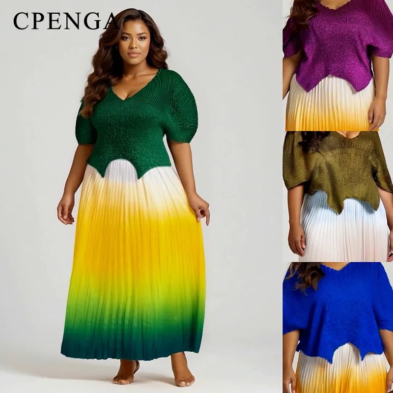 

Plus Size Matching African Dashiki Clothes Set Elegant Party V-neck Top and Pleated Dress Suit 2025 Summer Traditional Clothing