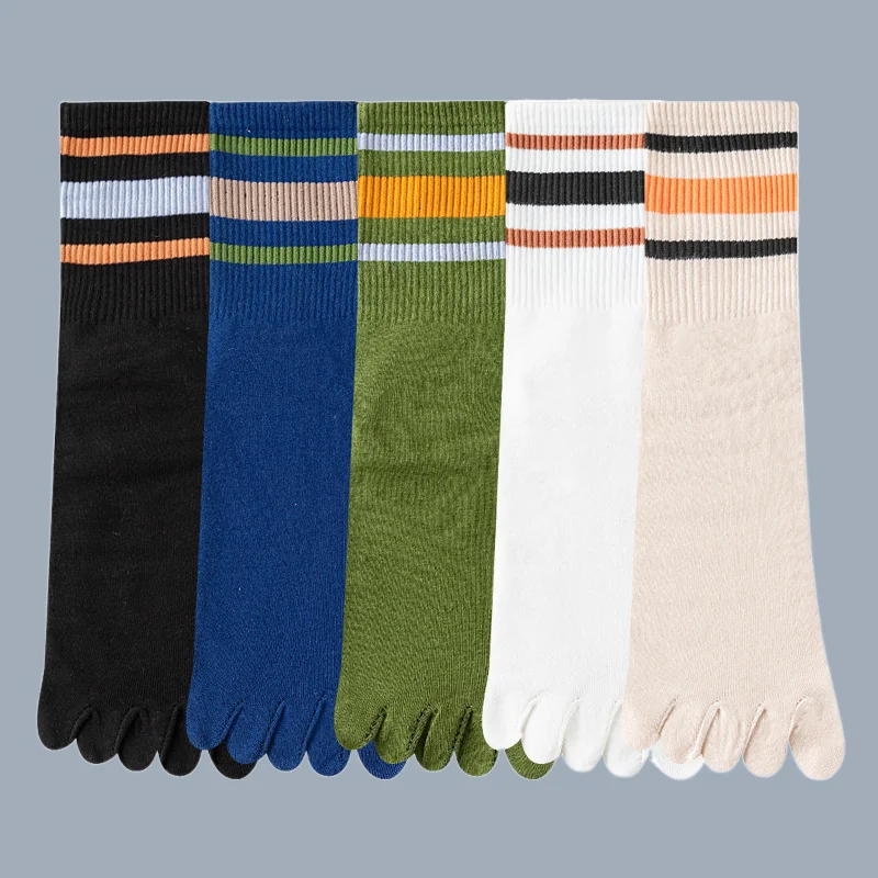 5/10 Pairs Sweat-Absorbing Breathable Mid Tube Stripe Split Toe Sports High Quality New Five Fingers Men's Socks Sports Socks