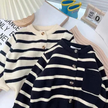 Unisex Striped Kids' Knit Cardigan 4 Fashion striped Kids sweater Boys Single breasted knit Coat Girls soft loose O-Neck knitted Cardigan 4