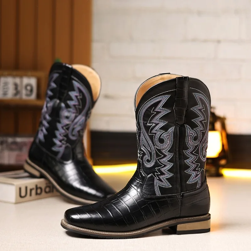 Botas de lujo hechas a mano con bordado para Hombre, Botas de vaquero del oeste Retro, Botas de caballero al aire libre para Hombre, Botas de cuero a media pantorrilla, Botas para Hombre