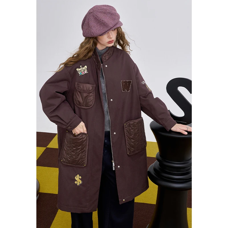 ELFSACK 2025 وصل حديثًا معطف قطني طويل فضفاض برقبة دائرية للنساء