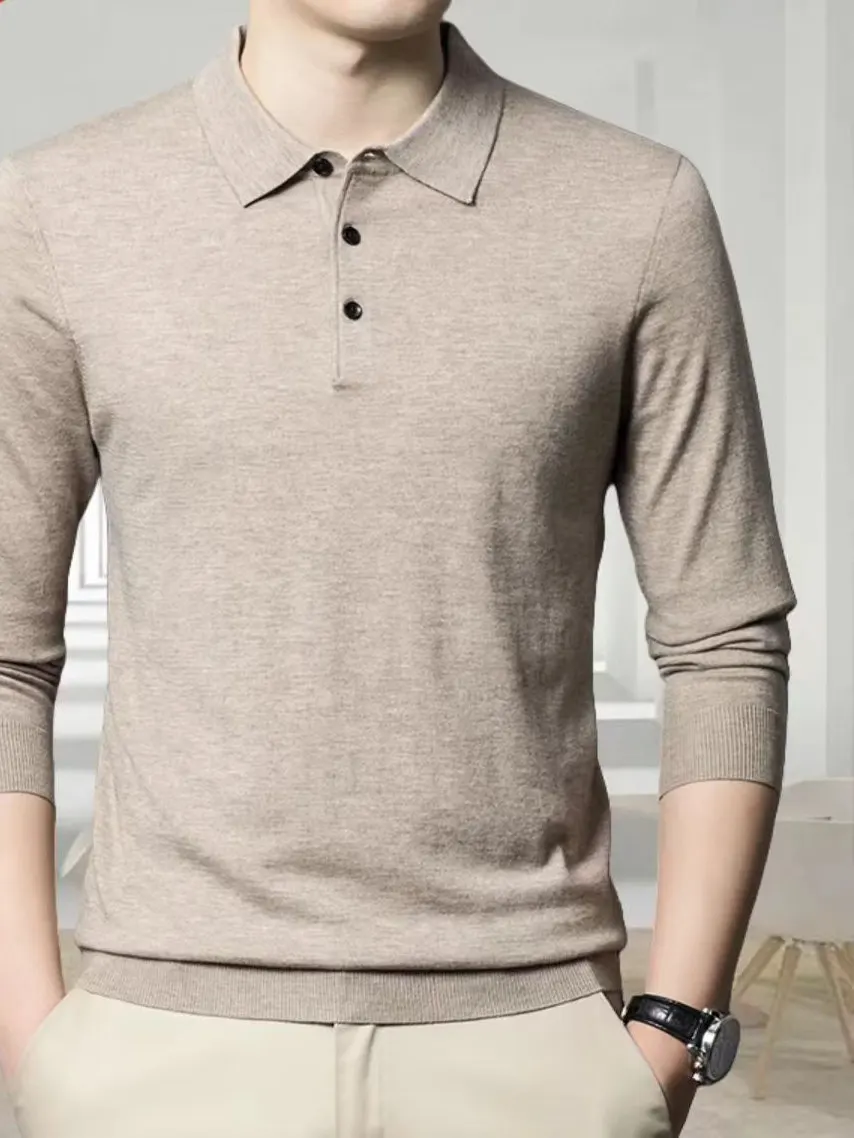 

Мужская длинная трикотажная шерстяная футболка Eordos из тонкой чистой шерсти с воротником, повседневного кроя, с защитой от катышков, предварительно обработанная