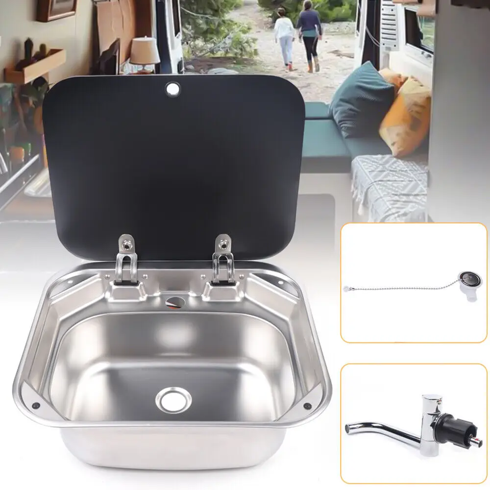 RV Caravan Camper Stainless Steel Basin Sink with Lid & Faucet – Hand Wash Sink