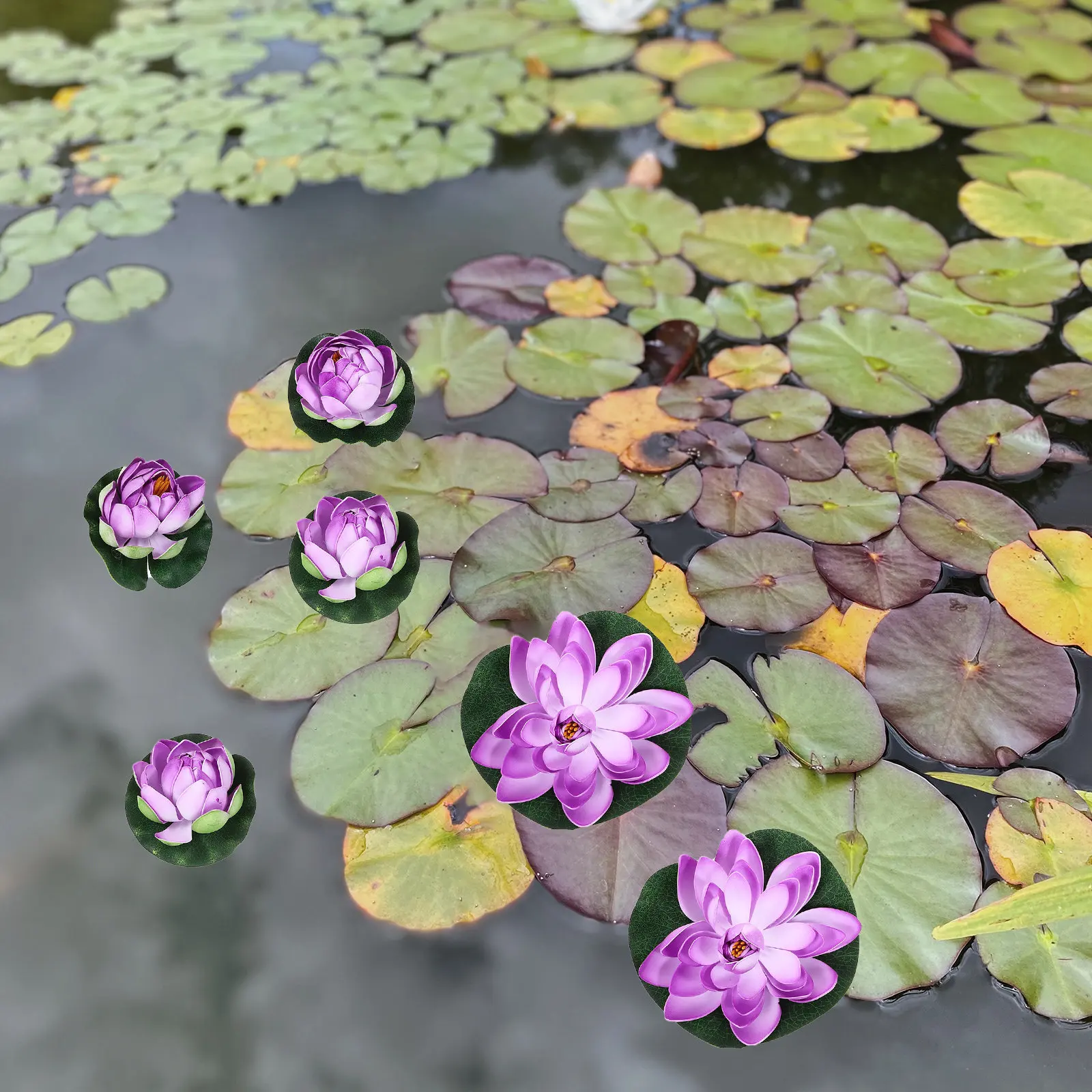 6Pcs Simulation Water Lilies Artificial Floating Pond Decor Deep Green Veined Leaves for Indoor Outdoor Pool Garden Home Gift
