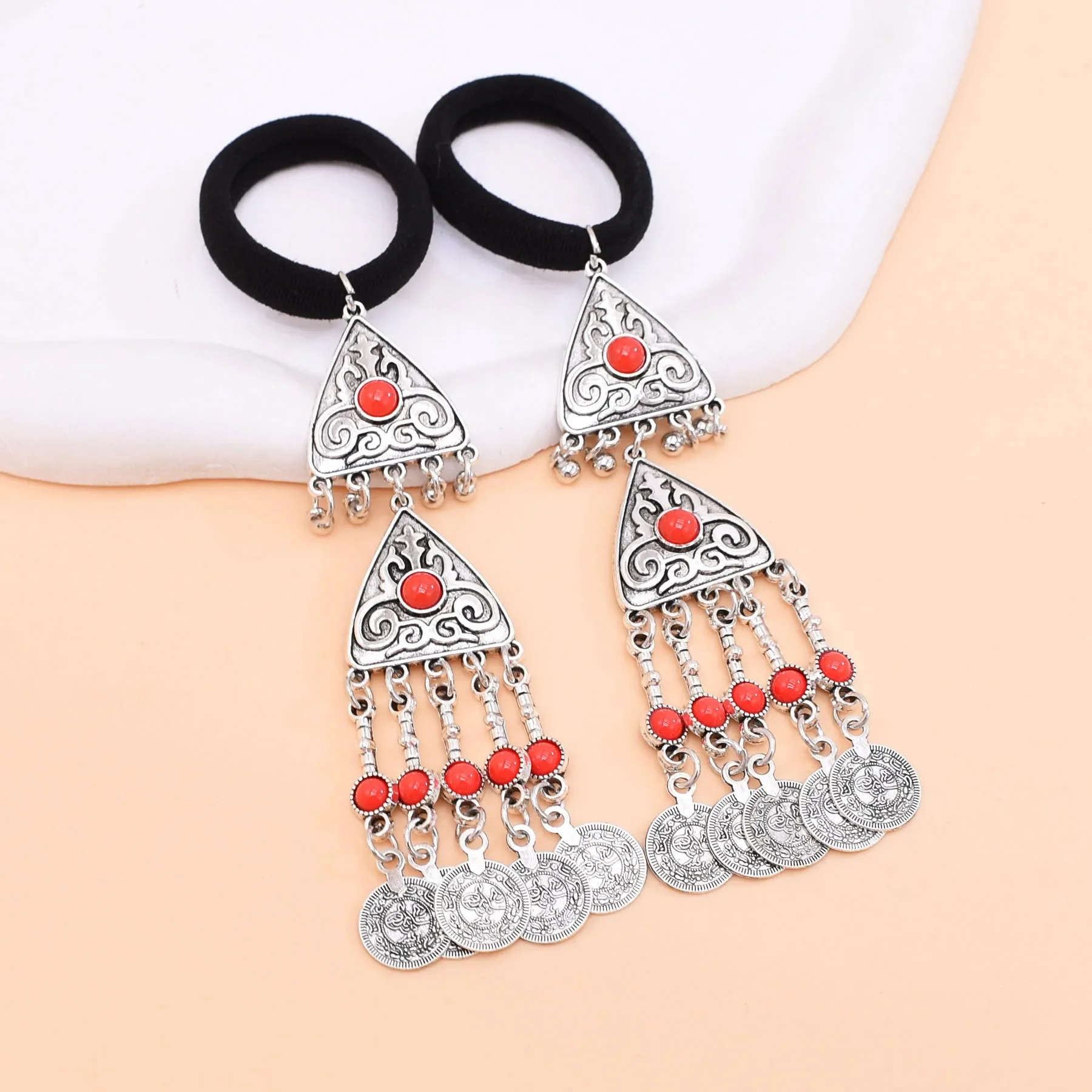 Retro Double Layer Triangular Coin Tassel Hair Rope Hair Accessories Traditional Kazakh Tibetan Ethnic Pigtail Headband Jewelry