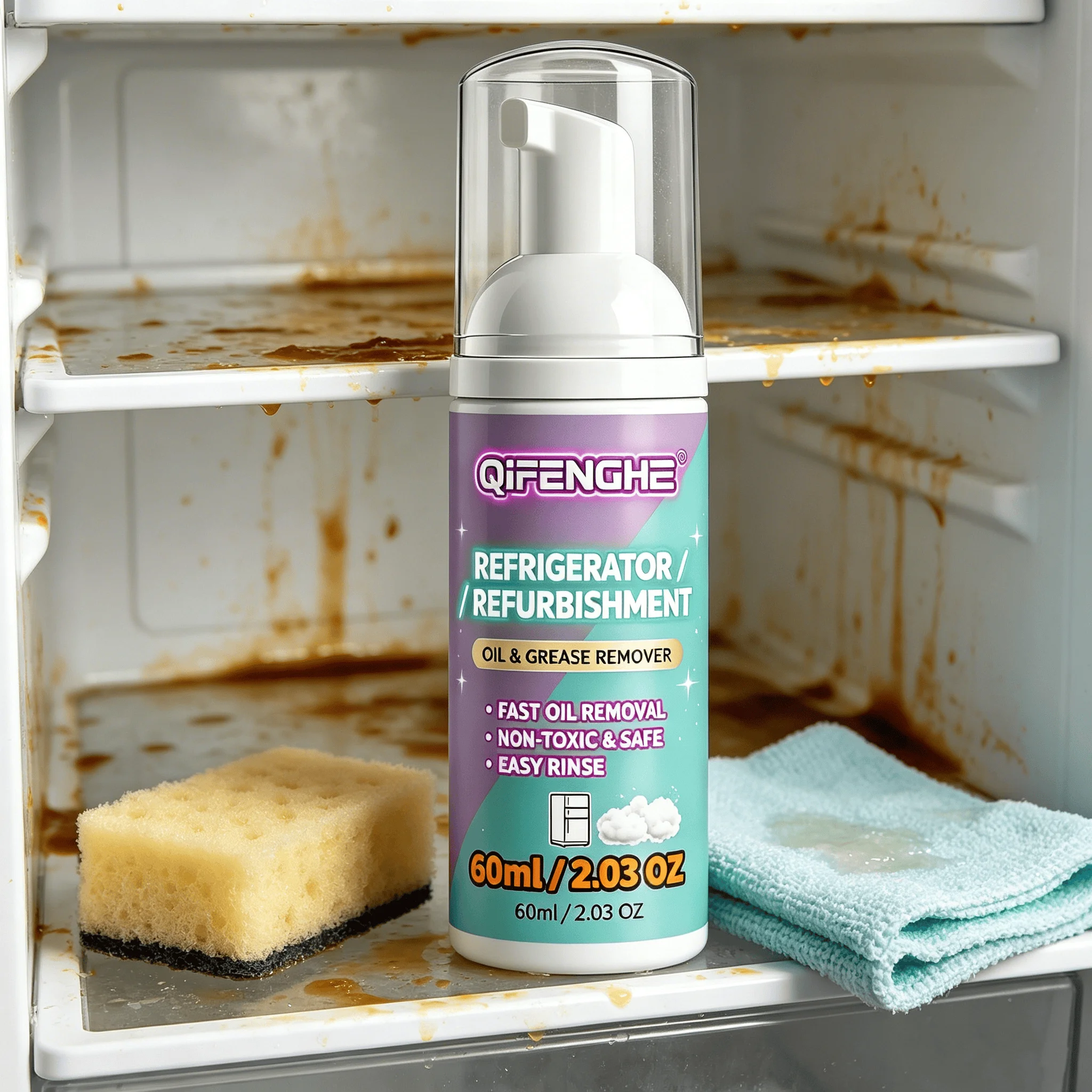 Fridge Cleaner 60ml – Lemon Foam, Fast Oil & Grease Remover, Easy Rinse, Non-Toxic & Food Safe