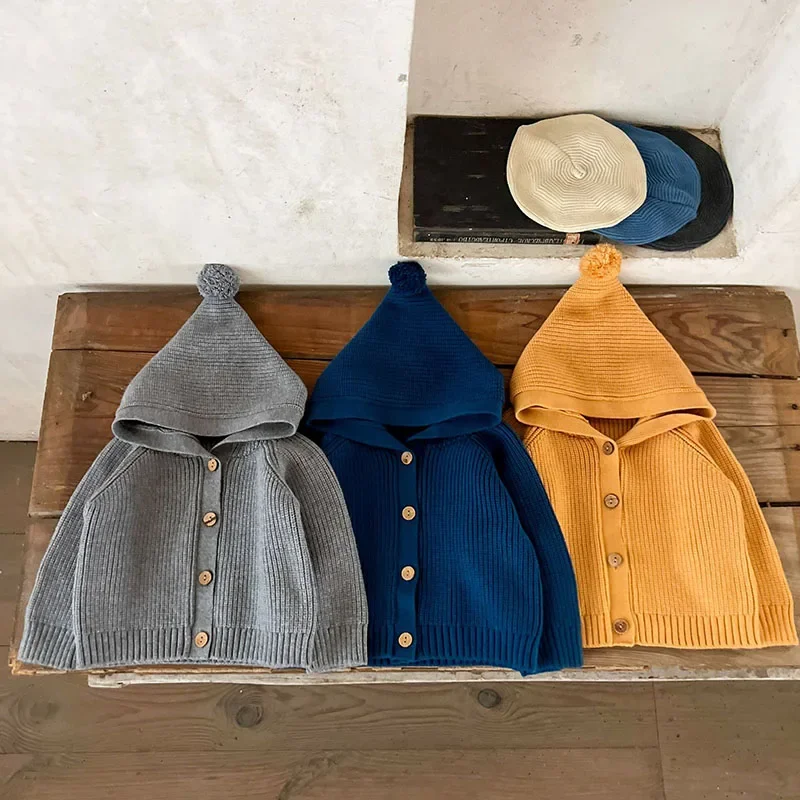 2024 New Autumn Toddler Baby Girls Sweater Coat Long Sleeved Solid Color Hooded Infant Baby Girls Knitting Cardigan Coat