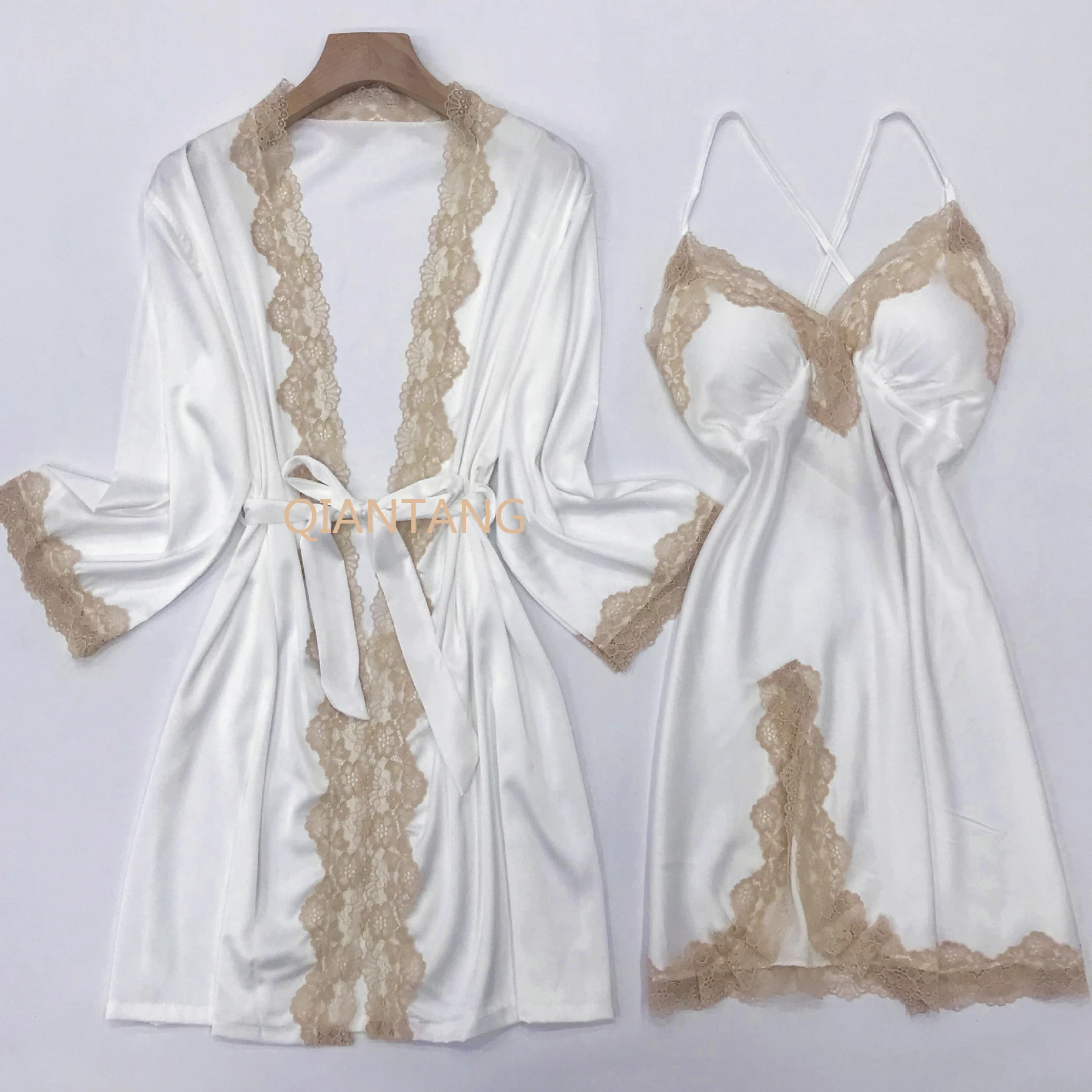 Bata Kimono de encaje con tirantes para mujer, ropa de dormir femenina, lencería de satén Sexy, camisón de tirantes