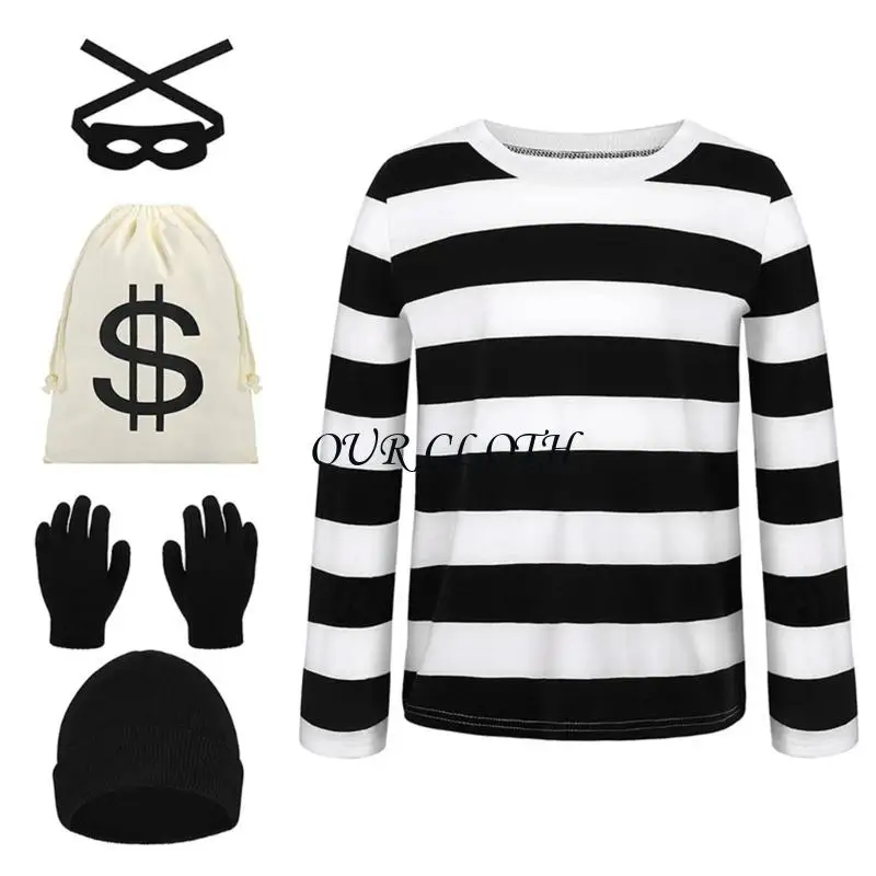 Robber Costume Thief Cosplay T Shirt for Halloween Cosplay Burglar Theme Party Y1AC