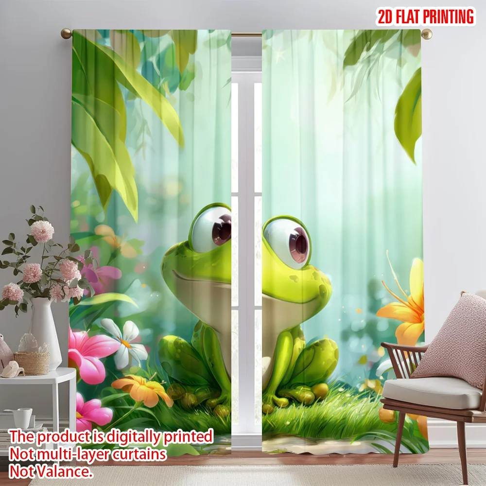 

2D flat printing 2pcs Scene Curtain Cute Frog in Flowers Digital Printed Polyester Drapes Festive Holiday for New Year
