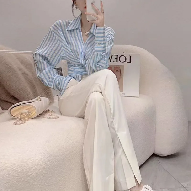 Blouse and Pant Sets for Women 2 Pieces Spring Autumn Stripe Shirt Wide Leg Trousers Woman Classy Casual Elegant Korean Style D