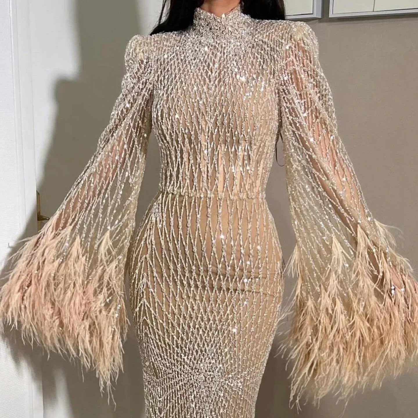 Sharon Said Luxury Dubai Feathers Nude Evening Dresses Long Sleeves High Neck Arabic Wedding Formal Party Gowns SS227 Customized